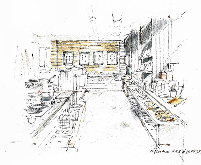 Watercolour sketch of the first rikumo store at 428 N. 13th St.